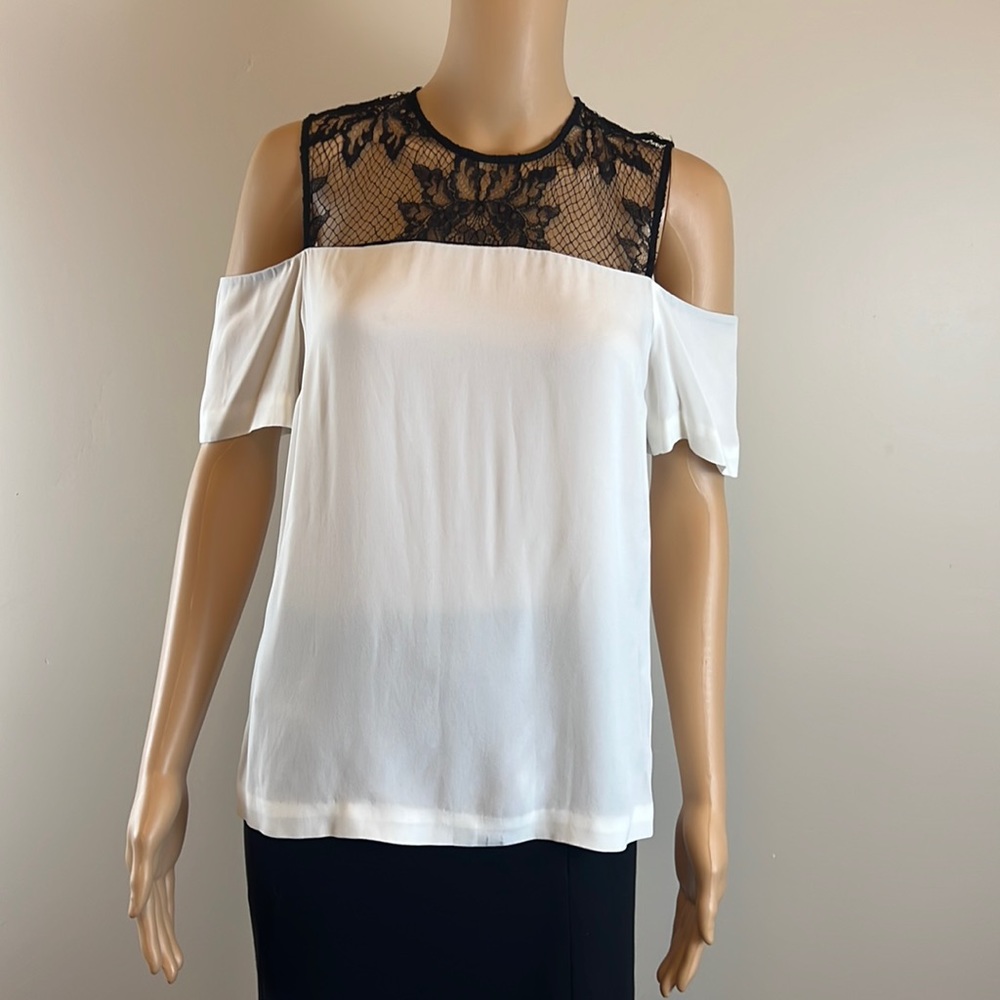 A.L.C. White Glyn Cold Shoulder Blouse with Black Lace